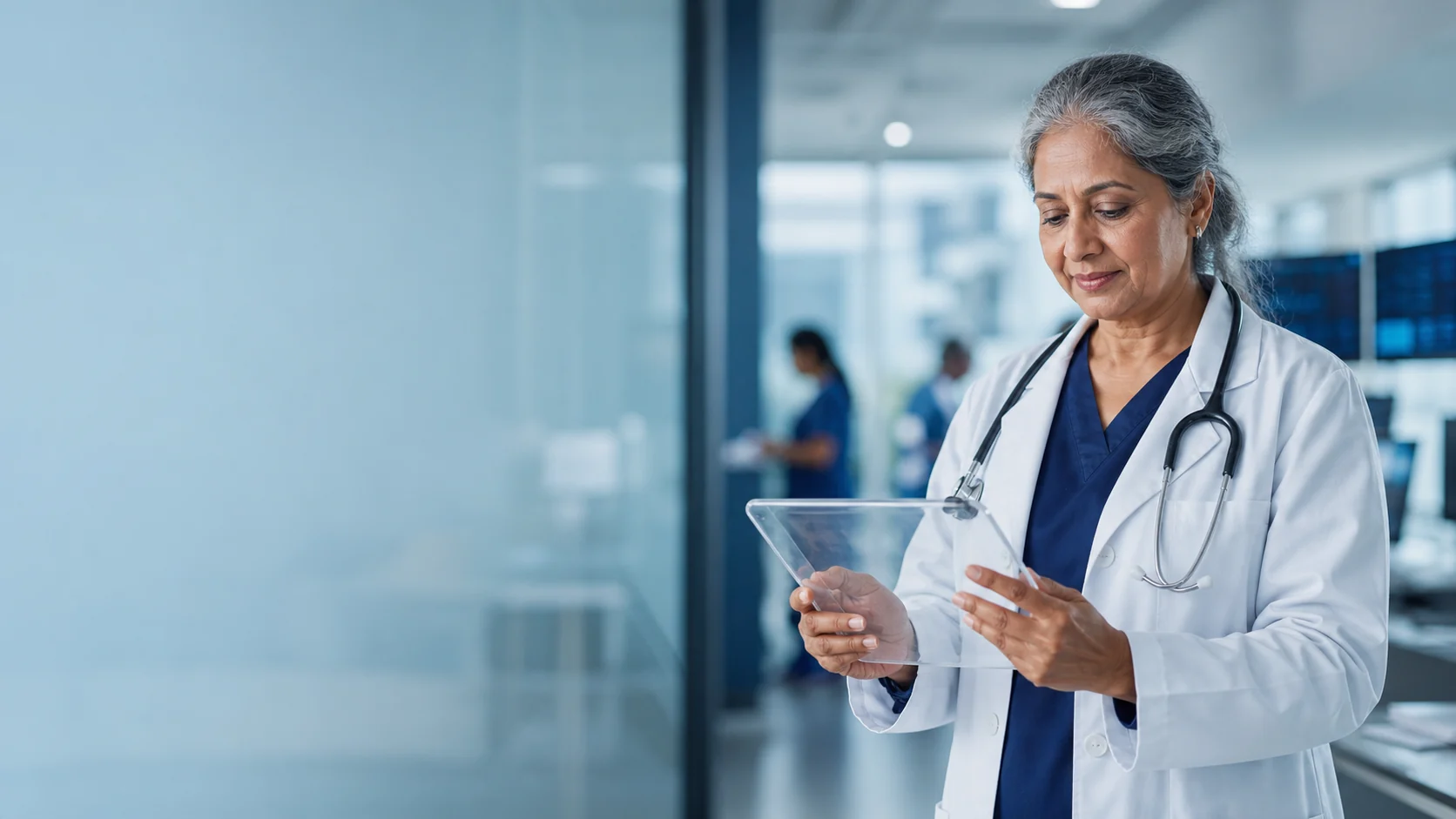 Clinician reviewing connected patient information on a tablet