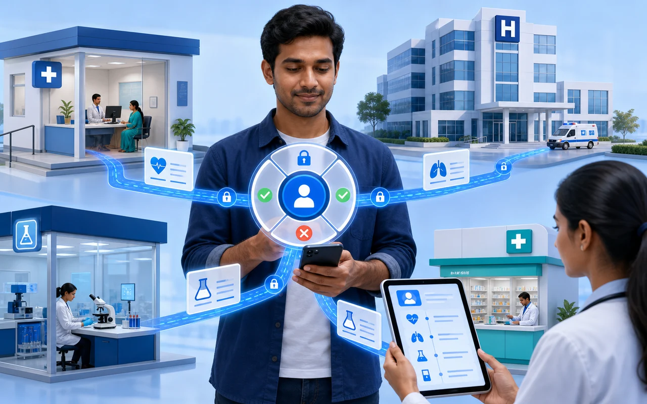 Patient-controlled consent connecting health records across a clinic, hospital, laboratory and pharmacy